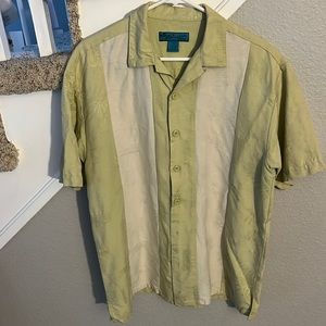 Paradise Blue Green and tan Hawaiian silk button down shirt, men’s size M.